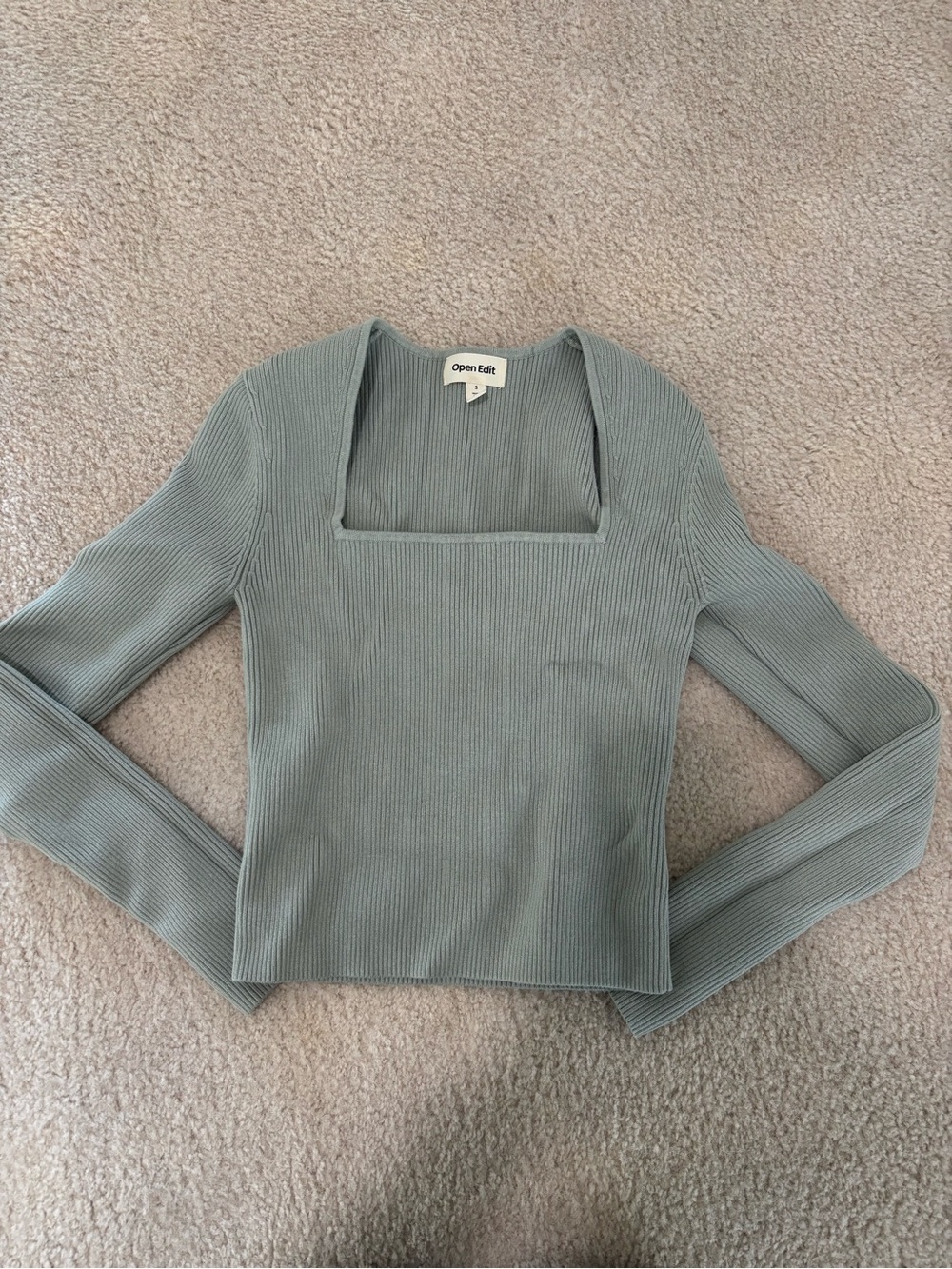 Open Edit Sage Ribbed Square-Neck Long Sleeve Top
